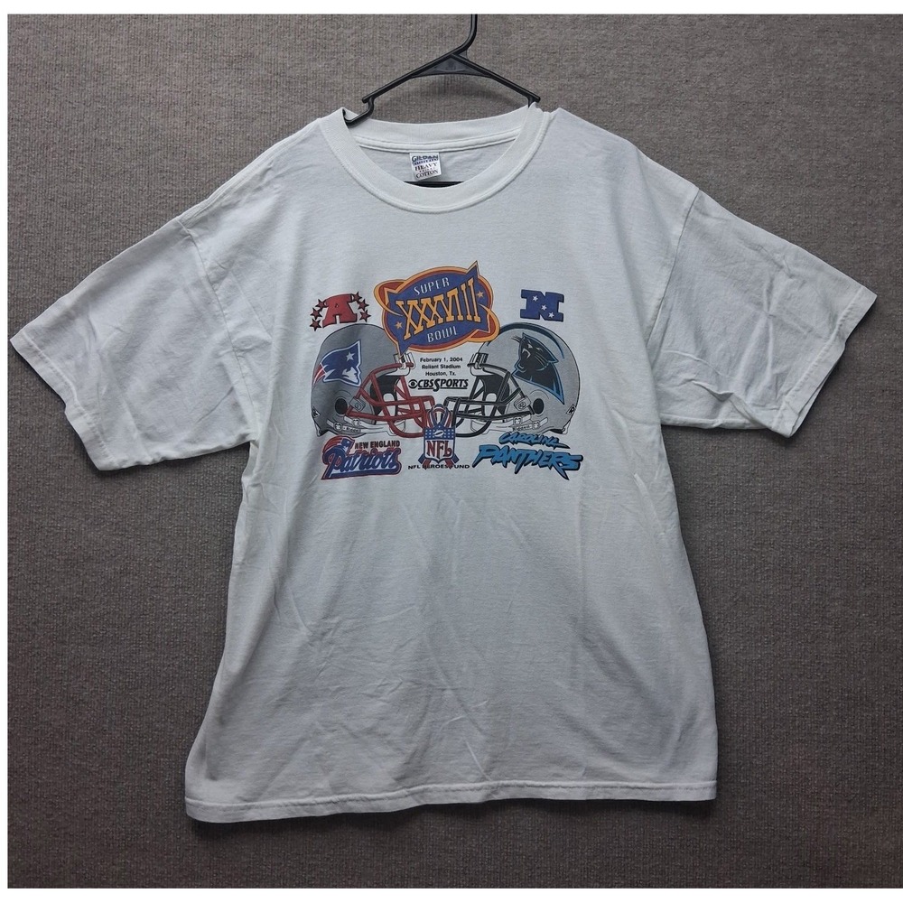 Vintage 2004 Super Bowl XXXVIII T Shirt Mens XL Patriots vs Panthers NFL White
